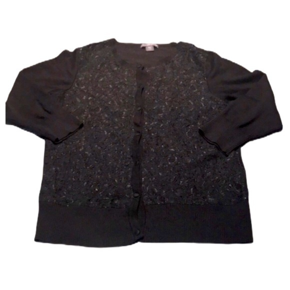 Covington XL black lace 3/4 sleeve button down crew neck cardigan sweater